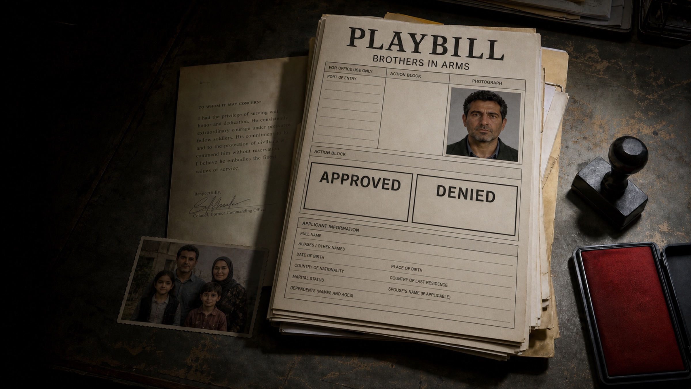 A fictional refugee case file with an Iraqi applicant's portrait, family photograph, military commendation, and blank approved and denied boxes