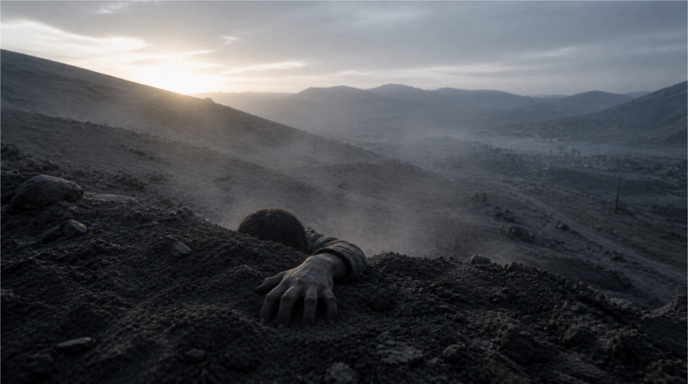 A lone survivor reaching out from the earth in a mountainous Afghan landscape at dawn