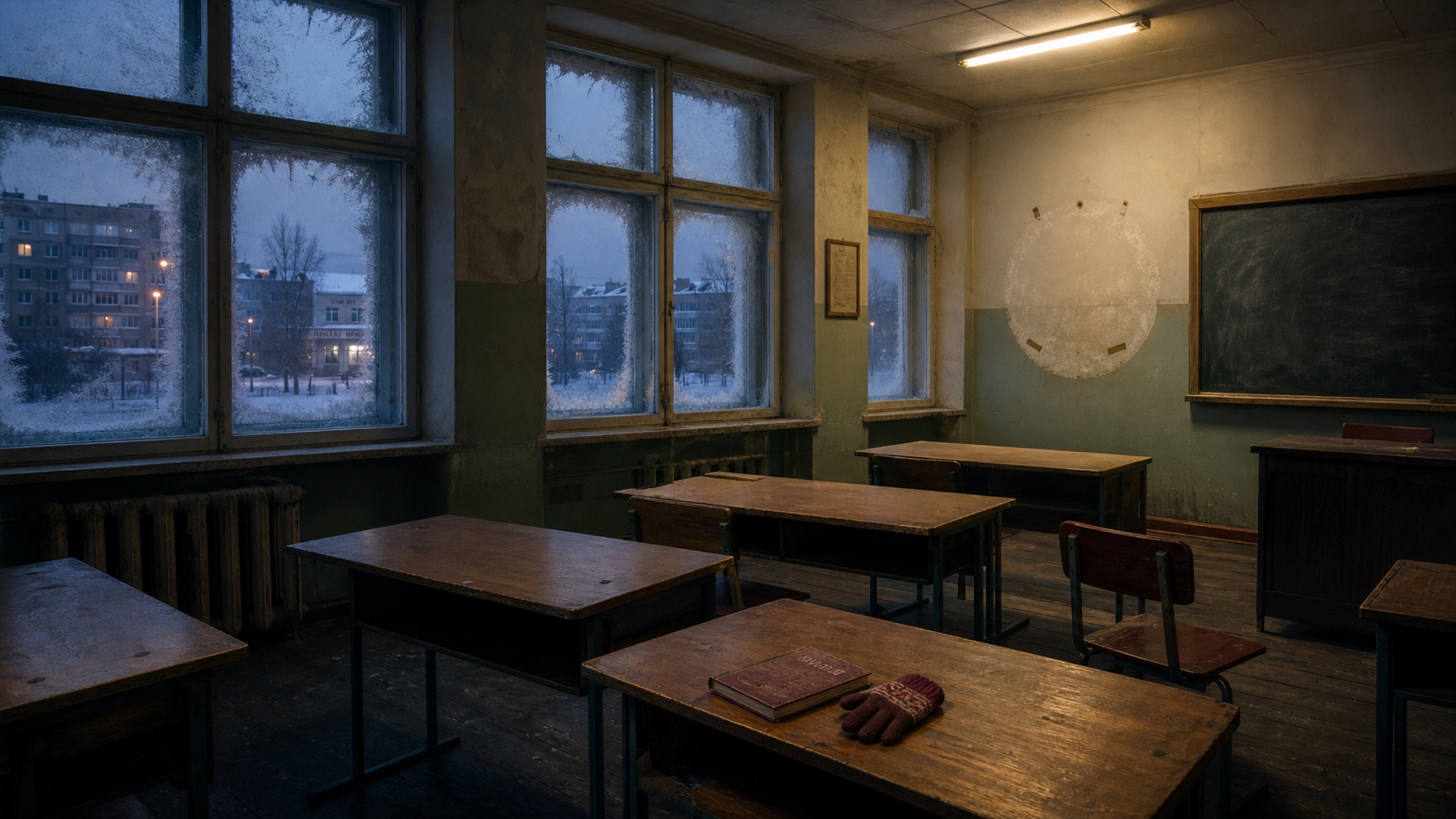 An abandoned classroom in a snowbound provincial Russian town, with a glove left on a desk and the pale outline of a removed circular emblem on the wall
